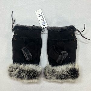 Belle Fare Spanish Shearling Fingerless Gloves Lamb Skin/Rabbit Fur Brown NWT